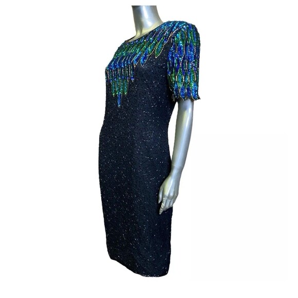 Stenay Vintage Dress 16 Sequins Silk Short Sleeve Beaded Peacock Design Cocktail - Picture 4 of 16